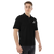Men's B Mark polo t-shirt front right side view, on a large model.