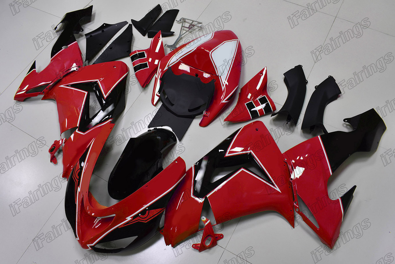 Aftermarket fairing for 2006 2007 Kawasaki Ninja ZX-10R red and black.