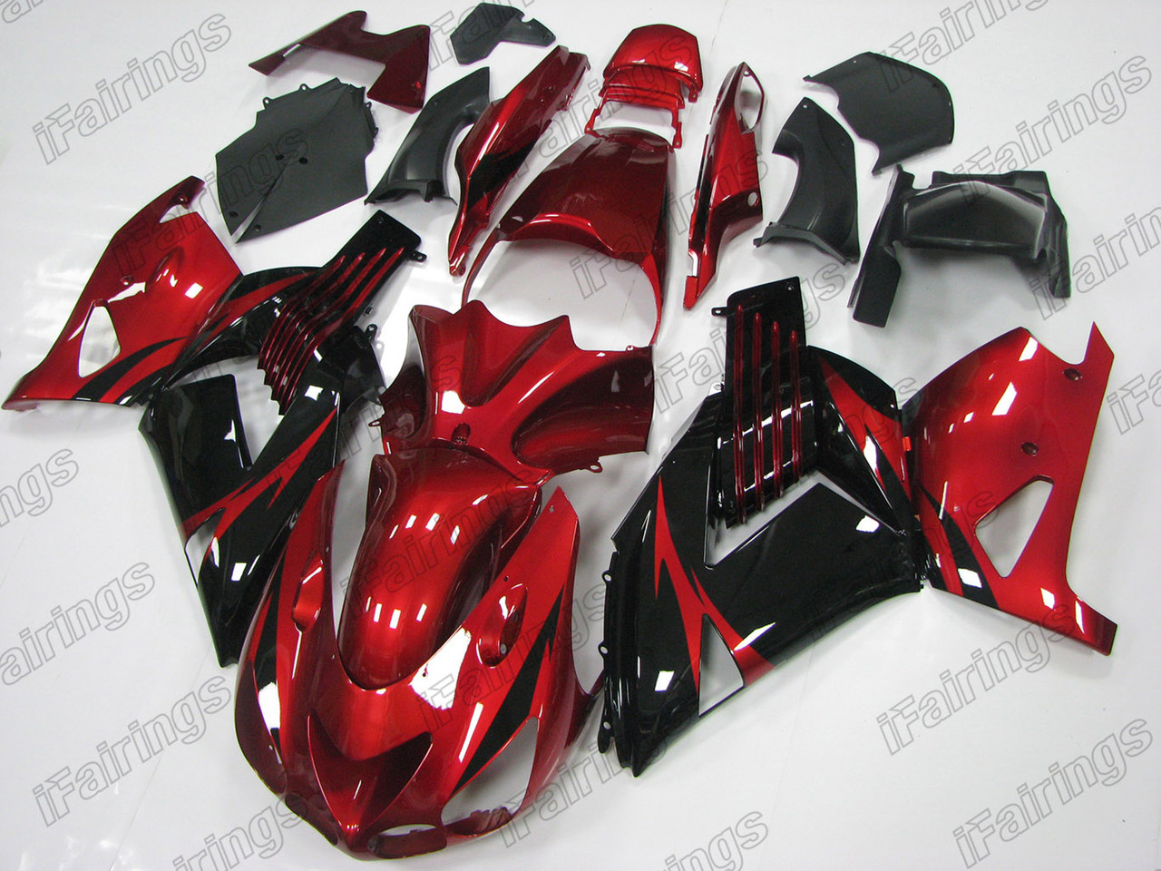 Aftermarket fairing for 2006 to 2011 Kawasaki Ninja ZX-14 red and black.