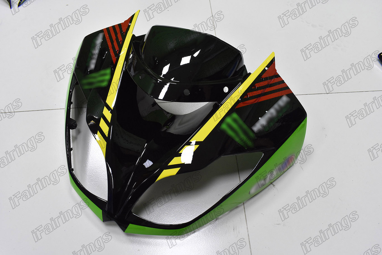 Aftermarket fairing for 2009 2010 2011 2012 Kawasaki Ninja ZX-6R green and  black livery.