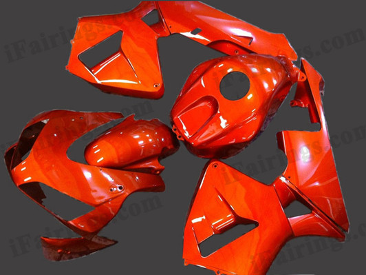 Honda CBR600RR 2003 2004 burnt orange fairing kits, this Honda CBR600RR 2003 2004 plastics was applied in burnt orange graphics, this 2003 2004 CBR600RR fairing set comes with the both color and decals shown as the photo.If you want to do custom fairings for CBR600RR 2003 2004,our talented airbrusher will custom it for you.