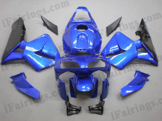 Honda CBR600RR 2003 2004 candy blue and black fairing kits, this Honda CBR600RR 2003 2004 plastics was applied in candy blue and black graphics, this 2003 2004 CBR600RR fairing set comes with the both color and decals shown as the photo.If you want to do custom fairings for CBR600RR 2003 2004,our talented airbrusher will custom it for you