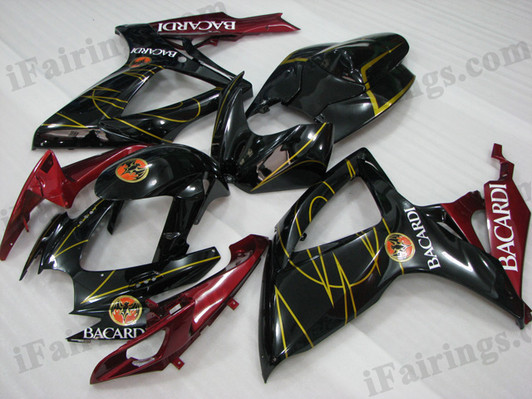 OEM quality fairings and body kits for 2006 2007 Suzuki GSXR600/750 with red and black BACARDI color scheme/graphics, these fairing kits are oem quality, fast shipping and easy installtion. More factory color-matched fairings for GSXR600/750 2006 2007, team race replica fairings and red and black BACARDI fairing sets for Suzuki GSXR600/750 2006 2007, please browse iFairings.com.