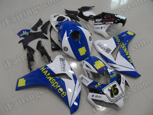 OEM quality replacement motorcycle fairing sets for Honda CBR1000RR 2008 2009 2010 2011 with HANNspree graphic. This fairing kit was sprayed blue and white color scheme with HANNspree decals/stickers applied. This custom fairing was made based on HANNspree team race graphic.