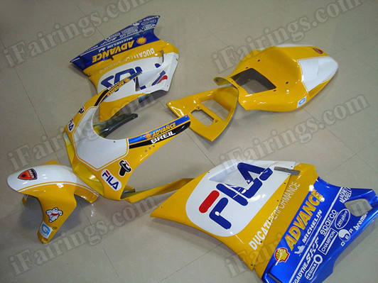 aftermarket fairings and bodywork for Ducati 748/916/996/998, this motorcycle fairings are replacement plastic with various graphics,  they are top quality and oem fairing quality comparable. All the bodywork panels are pre-drilled and 100% precise fit factory bike.