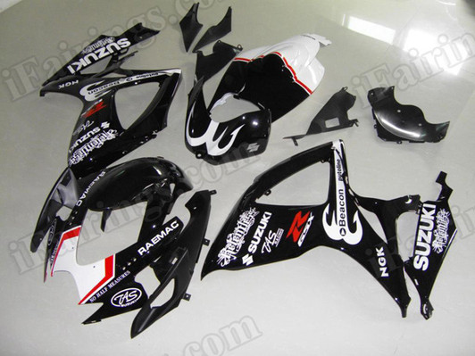 aftermarket fairings and bodywork for 2006 2007 Suzuki GSX R 600/750, this motorcycle fairings are replacement plastic with various graphics,  they are top quality and oem fairing quality comparable. All the bodywork panels are pre-drilled and 100% precise fit factory bike.