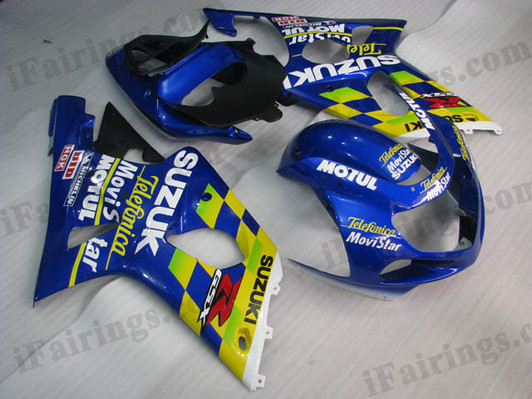 Suzuki GSXR1000 2000 2001 2002 Telefonica Movistar fairing kits, this Suzuki GSXR1000 2000 2001 2002 plastics was applied in Telefonica Movistar graphics, this 2000 2001 2002 GSXR1000 fairing set comes with the both color and decals shown as the photo.If you want to do custom fairings for GSXR1000 2000 2001 2002,our talented airbrusher will custom it for you. Suzuki GSXR1000 2000 2001 2002 Telefonica Movistar fairing kits, this Suzuki GSXR1000 2000 2001 2002 plastics was applied in Telefonica Movistar graphics, this 2000 2001 2002 GSXR1000 fairing set comes with the both color and decals shown as the photo.If you want to do custom fairings for GSXR1000 2000 2001 2002,our talented airbrusher will custom it for you.