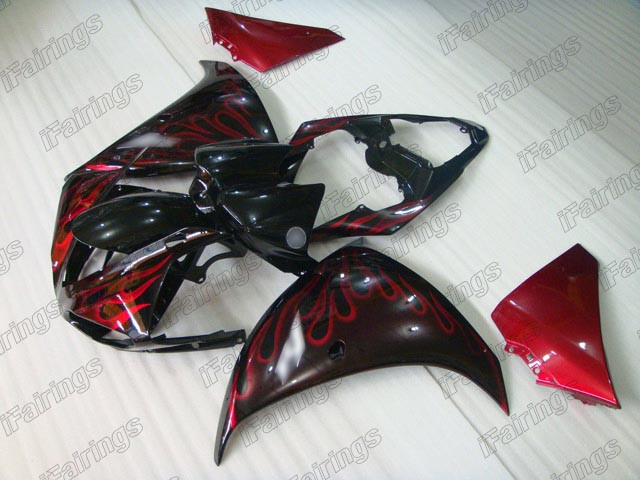Aftermarket fairing for 2009 2010 2011 Yamaha YZF-R1 red flame scheme.