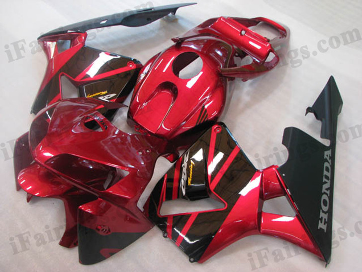 Honda CBR600RR 2005 2006 red and black fairing kits, this Honda CBR600RR 2005 2006 plastics was applied in red and blackgraphics, this 2005 2006 CBR600RR fairing set comes with the both color and decals shown as the photo.If you want to do custom fairings for CBR600RR 2005 2006,our talented airbrusher will custom it for you