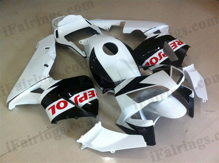 Honda CBR600RR 2003 2004 repsol white/black fairing kits, this Honda CBR600RR 2003 2004 plastics was applied in repsol white/black graphics, this 2003 2004 CBR600RR fairing set comes with the both color and decals shown as the photo.If you want to do custom fairings for CBR600RR 2003 2004,our talented airbrusher will custom it for you.