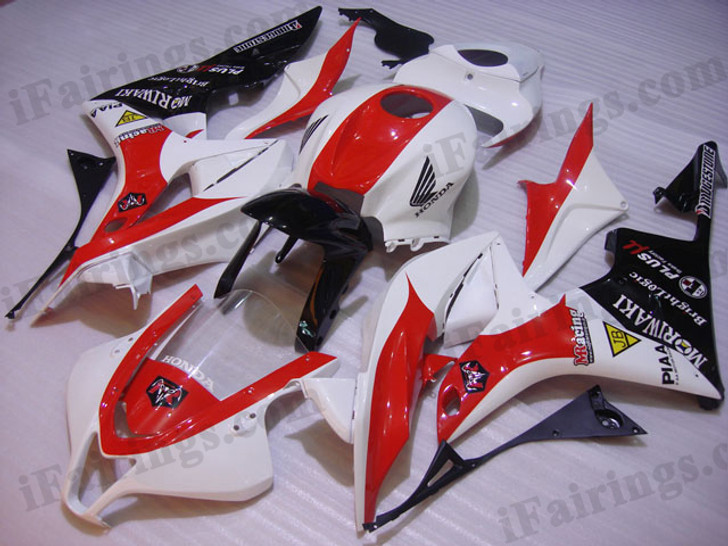 Honda CBR600RR 2007 2008 red/white fairing kits, this Honda CBR600RR 2007 2008 plastics was applied in red/whitegraphics, this 2007 2008 CBR600RR fairing set comes with the both color and decals shown as the photo.If you want to do custom fairings for CBR600RR 2007 2008,our talented airbrusher will custom it for you.