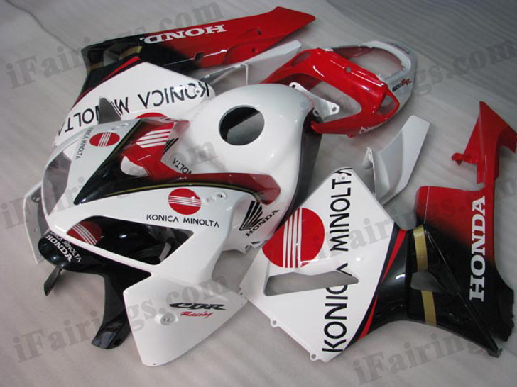 Honda CBR600RR 2005 2006 konica minoltafairing kits, this Honda CBR600RR 2005 2006 plastics was applied in konica minoltagraphics, this 2005 2006 CBR600RR fairing set comes with the both color and decals shown as the photo.If you want to do custom fairings for CBR600RR 2005 2006,our talented airbrusher will custom it for you.