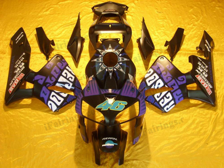 Honda CBR600RR 2005 2006 purple rossifairing kits, this Honda CBR600RR 2005 2006 plastics was applied in purple rossigraphics, this 2005 2006 CBR600RR fairing set comes with the both color and decals shown as the photo.If you want to do custom fairings for CBR600RR 2005 2006,our talented airbrusher will custom it for you.