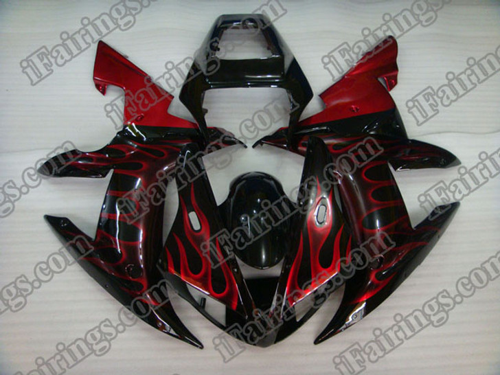 Yamaha YZF-R1 2002 2003 red flame fairing kits, this Yamaha YZF-R1 2002 2003 plastics was applied in red flamegraphics, this 2002 2003 YZF-R1 fairing set comes with the both color and decals shown as the photo.If you want to do custom fairings for YZF-R1 2002 2003,our talented airbrusher will custom it for you.