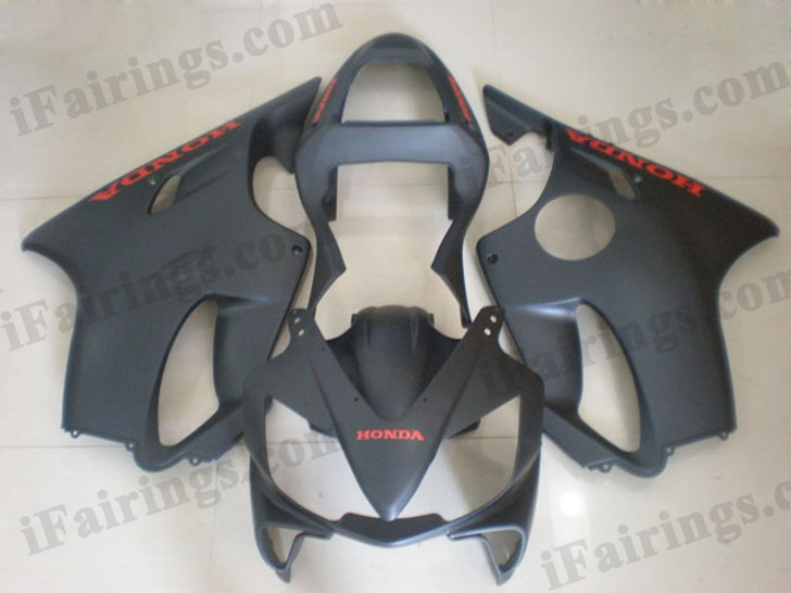 Honda CBR600 F4i 2001 2002 2003 glossy black fairing kits, this Honda CBR600 F4i 2001 2002 2003 plastics was applied in glossy black graphics, this 2001 2002 2003 CBR600 fairing set comes with the both color and decals shown as the photo.If you want to do custom fairings for CBR600 F4i 2001 2002 2003,our talented airbrusher will custom it for you.