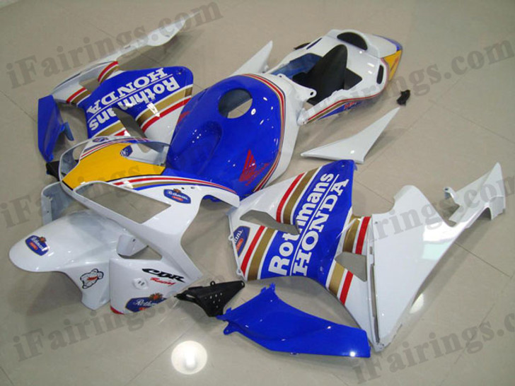 Honda CBR600RR 2003 2004 Rothmans replica fairing kits, this Honda CBR600RR 2003 2004 plastics was applied in Rothmans replica graphics, this 2003 2004 CBR600RR fairing set comes with the both color and decals shown as the photo.If you want to do custom fairings for CBR600RR 2003 2004,our talented airbrusher will custom it for you.