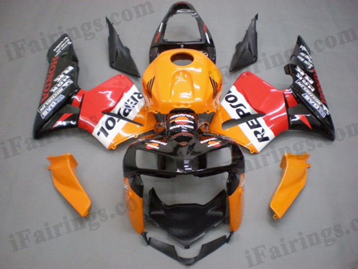 Honda CBR600RR 2005 2006 repsol replica fairing kits, this Honda CBR600RR 2005 2006 plastics was applied in repsol replica graphics, this 2005 2006 CBR600RR fairing set comes with the both color and decals shown as the photo.If you want to do custom fairings for CBR600RR 2005 2006,our talented airbrusher will custom it for you