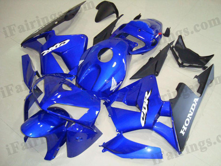 Honda CBR600RR 2005 2006 blue/black fairing kits, this Honda CBR600RR 2005 2006 plastics was applied in blue/blackgraphics, this 2005 2006 CBR600RR fairing set comes with the both color and decals shown as the photo.If you want to do custom fairings for CBR600RR 2005 2006,our talented airbrusher will custom it for you.