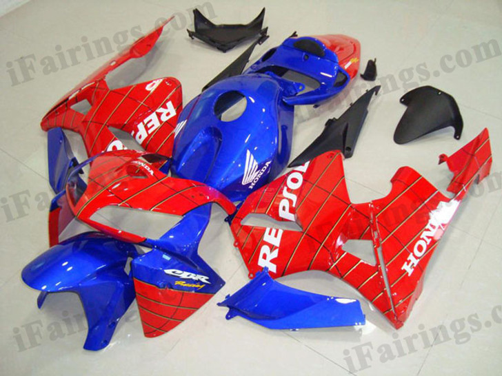 Honda CBR600RR 2005 2006 red/blue Spider Man fairing kits, this Honda CBR600RR 2005 2006 plastics was applied in red/blue Spider Mangraphics, this 2005 2006 CBR600RR fairing set comes with the both color and decals shown as the photo.If you want to do custom fairings for CBR600RR 2005 2006,our talented airbrusher will custom it for you.