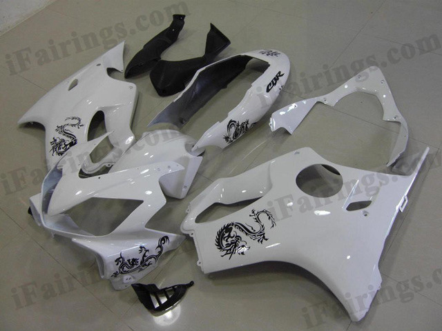 Aftermarket fairing for 2004 2005 2006 2007 Honda CBR600F4i pearl white color black dragon graphic.
