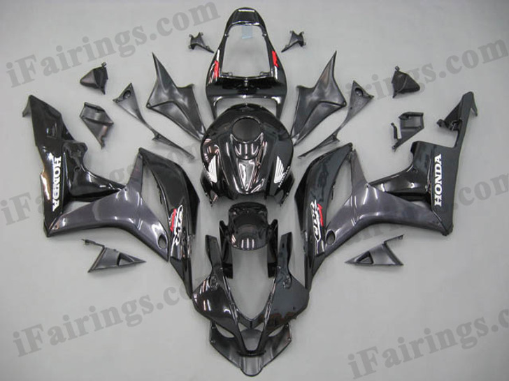 Honda CBR600RR 2007 2008 black and gray fairing kits, this Honda CBR600RR 2007 2008 plastics was applied in black and graygraphics, this 2007 2008 CBR600RR fairing set comes with the both color and decals shown as the photo.If you want to do custom fairings for CBR600RR 2007 2008,our talented airbrusher will custom it for you.
