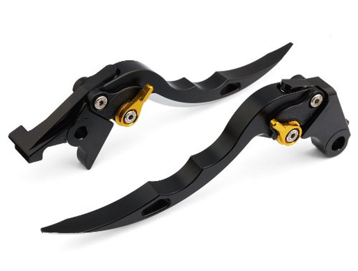 Black CNC blade brake & clutch levers for Honda CBR600RR 2009 2010 2011 2012 (F-33/Y-688H). The Levers are manufactured from quality CNC T-6 billet aluminum and offer effortless adjustments with 6-position adjusters that slide over ball bearings and snap securely into place. They are anodized with beautiful glossy and vibrant finish, which increases resistance to corrosion and wear. Our levers are designed as a direct replacement of the stock levers but more benefit over the stock ones. They provide better range of adjustability than other stock levers, come in a varity of anodized colors, desinged for use with OEM style master cylinders. Plus, our levers are easy installation, no extra parts need, just direct bolts on.