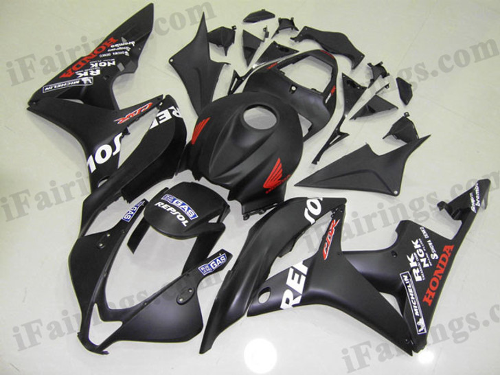 Honda CBR600RR 2007 2008 Repsol matt black fairing kits, this Honda CBR600RR 2007 2008 plastics was applied in Repsol matt blackgraphics, this 2007 2008 CBR600RR fairing set comes with the both color and decals shown as the photo.If you want to do custom fairings for CBR600RR 2007 2008,our talented airbrusher will custom it for you