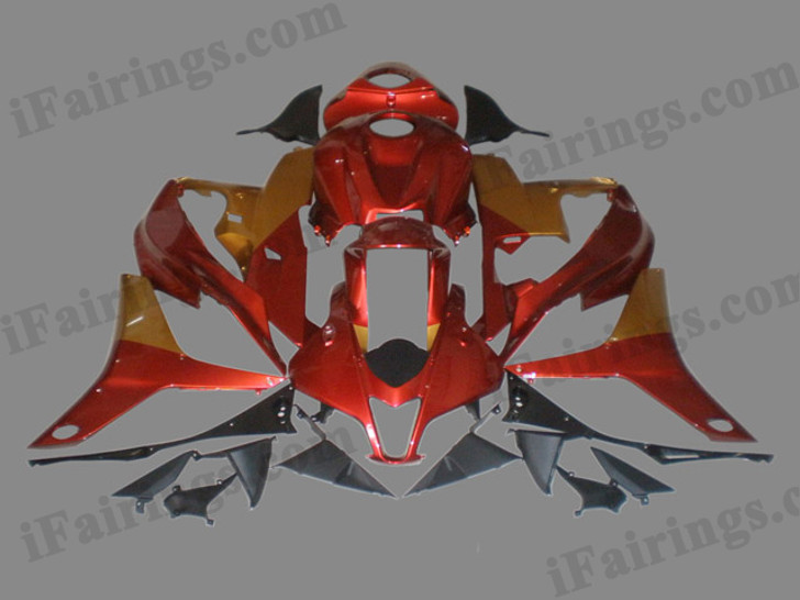 Honda CBR600RR 2007 2008 burgundy and gold fairing kits, this Honda CBR600RR 2007 2008 plastics was applied in burgundy and goldgraphics, this 2007 2008 CBR600RR fairing set comes with the both color and decals shown as the photo.If you want to do custom fairings for CBR600RR 2007 2008,our talented airbrusher will custom it for you