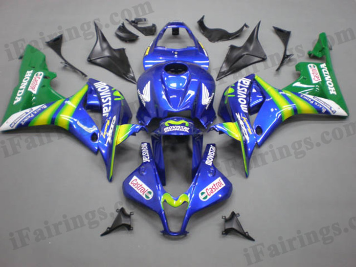 Honda CBR600RR 2007 2008 movistar fairing kits, this Honda CBR600RR 2007 2008 plastics was applied in movistargraphics, this 2007 2008 CBR600RR fairing set comes with the both color and decals shown as the photo.If you want to do custom fairings for CBR600RR 2007 2008,our talented airbrusher will custom it for you