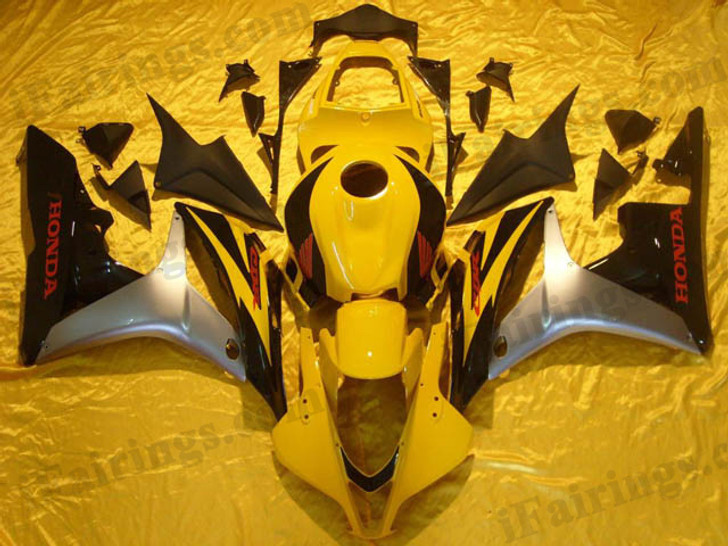 Honda CBR600RR 2007 2008 yellow,silver and black fairing kits, this Honda CBR600RR 2007 2008 plastics was applied in yellow,silver and blackgraphics, this 2007 2008 CBR600RR fairing set comes with the both color and decals shown as the photo.If you want to do custom fairings for CBR600RR 2007 2008,our talented airbrusher will custom it for you