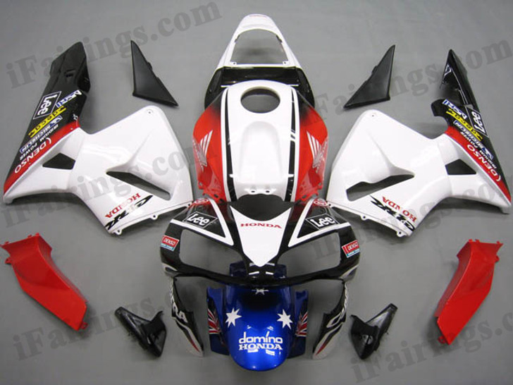 Quality aftermarket fairing kits for 2003 2004 Honda CBR600RR with CARRERA color scheme/graphics. These body kits are 2003 2004 Honda CBR600RR replacement bodywork, they are oem quality, fast shipping and easy installation.