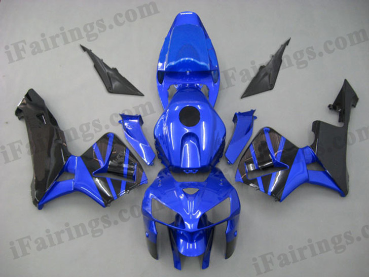 Honda CBR600RR 2005 2006 candy blue and blackfairing kits, this Honda CBR600RR 2005 2006 plastics was applied in candy blue and blackgraphics, this 2005 2006 CBR600RR fairing set comes with the both color and decals shown as the photo.If you want to do custom fairings for CBR600RR 2005 2006,our talented airbrusher will custom it for you.