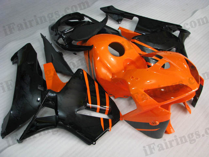 OEM factory quality fairings and body kits for 2005 2006 Honda CBR600RR with orange and black color scheme/graphics, this oem replacement fairing sets are oem quality, fast shipping and easy installation. The 2005 2006 CBR600RR fairings can also be customized.