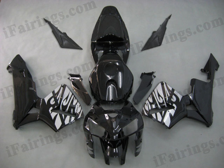 OEM factory quality fairings and body kits for 2005 2006 Honda CBR600RR with black color scheme/graphics, this oem replacement fairing sets are oem quality, fast shipping and easy installation. The 2005 2006 CBR600RR fairings can also be customized.