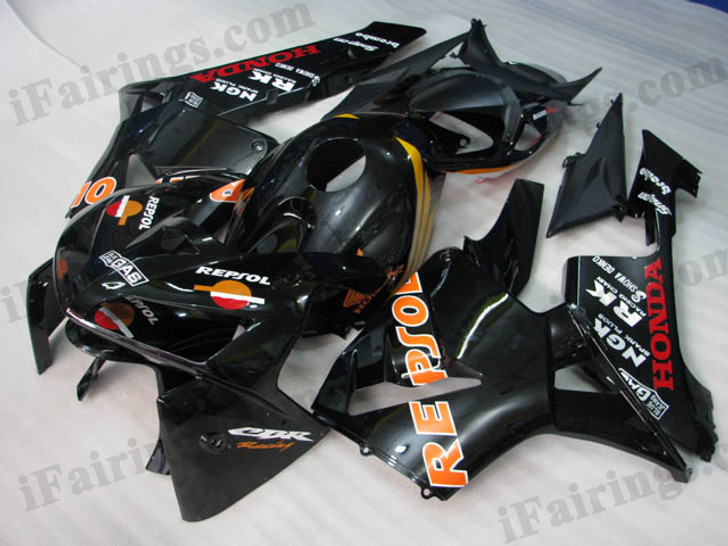 OEM factory quality fairings and body kits for 2005 2006 Honda CBR600RR with custom Repsol color scheme/graphics, this oem replacement fairing sets are oem quality, fast shipping and easy installation. The 2005 2006 CBR600RR fairings can also be customized.