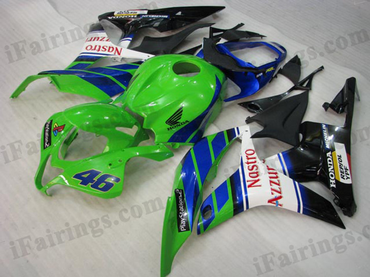Oringal quality fairings for 2007 2008 Honda CBR600RR with Nastro Azzurro color scheme/graphcis. These aftermarket fairing kits are oem factory quality, fast shipping and easy installation. The replacement fairings for 2007 2008 CBR600RR can be customized.