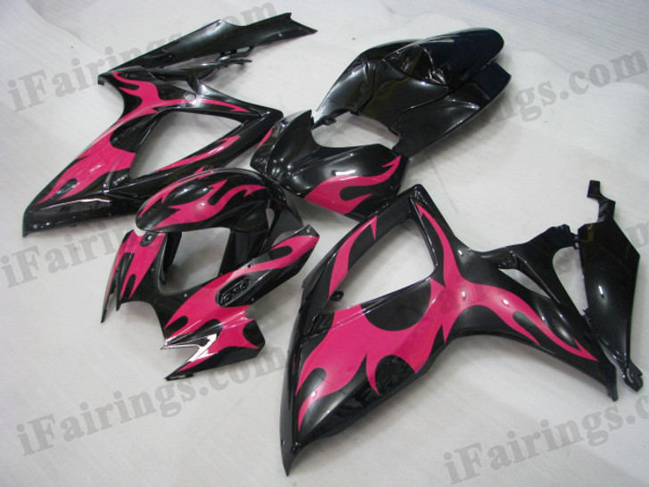OEM quality fairings and body kits for 2006 2007 Suzuki GSXR600/750 with black and pink flame color scheme/graphics, these fairing kits are oem quality, fast shipping and easy installtion. More factory color-matched fairings for GSXR600/750 2006 2007, team race replica fairings and custom fairing sets for Suzuki GSXR600/750 2006 2007, please browse iFairings.com.