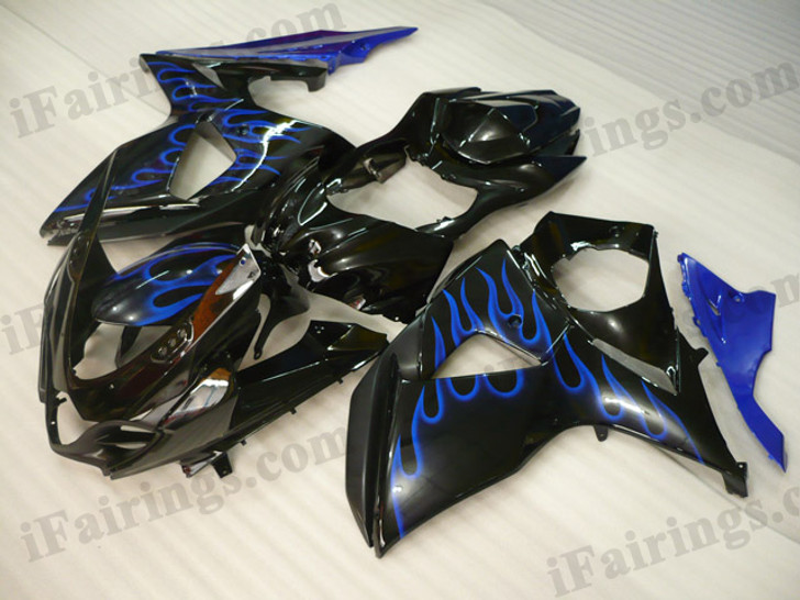 OEM quality fairings and body kits for 2009 2010 2011 2012 Suzuki GSXR1000 with black and blue flame color scheme/graphics, these fairing kits are oem quality, fast shipping and easy installtion. More factory color-matched fairings for GSXR1000 2009 2010 2011 2012, team race replica fairings and custom fairing sets for Suzuki GSXR1000 2009 2010 2011 2012, please browse iFairings.com