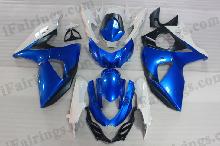 OEM quality fairings and body kits for 2009 2010 2011 2012 Suzuki GSXR1000 with white and blue color scheme/graphics, these fairing kits are oem quality, fast shipping and easy installtion. More factory color-matched fairings for GSXR1000 2009 2010 2011 2012, team race replica fairings and custom fairing sets for Suzuki GSXR1000 2009 2010 2011 2012, please browse iFairings.com.