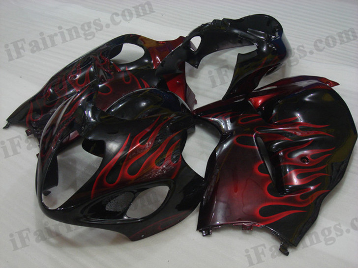 OEM quality fairings and body kits for 1996 to 2007 Suzuki GSXR1300 Hayabusa with red flame color scheme/graphics, these fairing kits are oem quality, fast shipping and easy installtion. More factory color-matched fairings for GSXR1300 Hayabusa 1996 to 2007, team race replica fairings and custom fairing sets for Suzuki GSXR1300 Hayabusa 1996 to 2007, please browse iFairings.com.