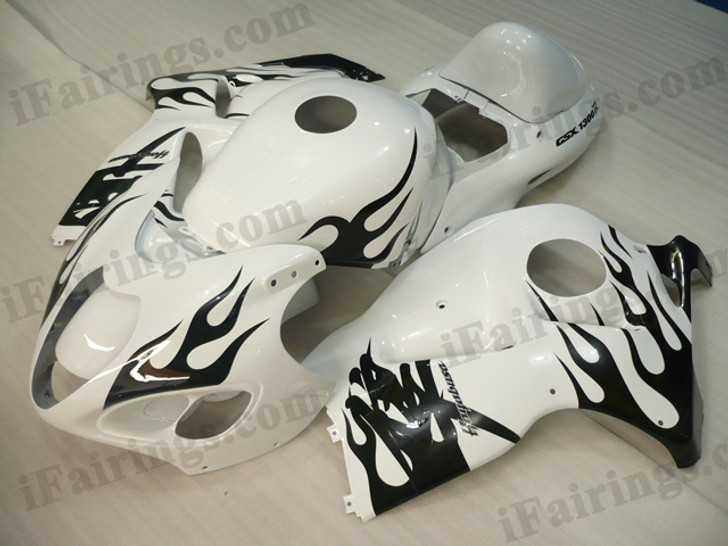 OEM quality fairings and body kits for 1996 to 2007 Suzuki GSXR1300 Hayabusa with white and black flame color scheme/graphics, these fairing kits are oem quality, fast shipping and easy installtion. More factory color-matched fairings for GSXR1300 Hayabusa 1996 to 2007, team race replica fairings and custom fairing sets for Suzuki GSXR1300 Hayabusa 1996 to 2007, please browse iFairings.com.