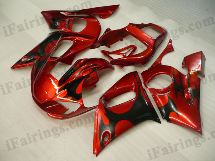 OEM quality fairings and body kits for 1998 1999 2000 2001 2002 Yamaha YZF-R6 with red and black color scheme/graphics, these fairing kits are oem quality, fast shipping and easy installtion. More factory color-matched fairings for YZF-R6 1998 1999 2000 2001 2002, team race replica fairings and custom fairing sets for Yamaha YZF-R6 1998 1999 2000 2001 2002, please browse iFairings.com.