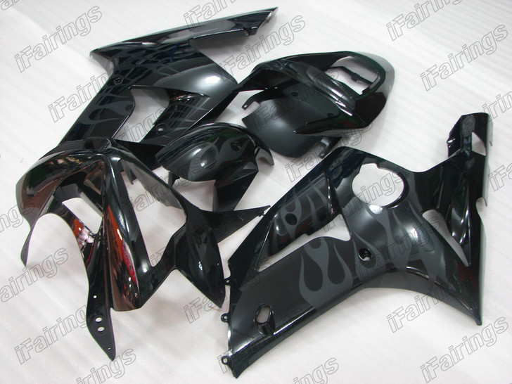 Aftermarket fairing for 2003 2004 Kawasaki Ninja ZX-6R gloss black color gray flame.