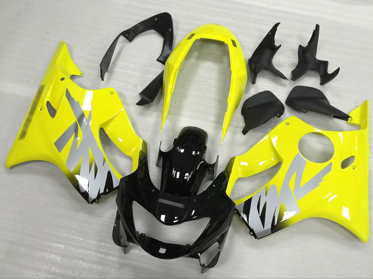 Aftermarket fairing for 1999 2000 Honda CBR600F4 black and yellow.