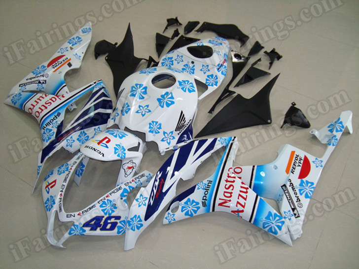 aftermarket fairings and bodywork for Honda CBR600RR 2007 2008, this motorcycle fairings are replacement plastic with various graphics,  they are top quality and oem fairing quality comparable. All the bodywork panels are pre-drilled and 100% precise fit factory bike.