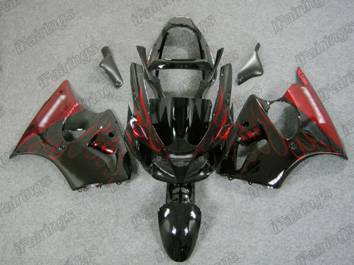 Aftermarket fairing for 2001 2002 Kawasaki Ninja ZX-6R red flame scheme.