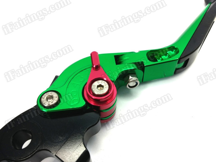 iFairings Levers are manufactured from quality CNC T-6 billet aluminum and offer effortless adjustments with 6-position adjusters that slide over ball bearings and snap securely into place. They are anodized with beautiful glossy and vibrant finish, which increases resistance to corrosion and wear. 