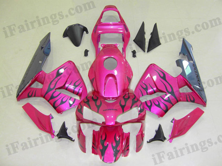 Honda CBR600RR 2003 2004 pink and black flame fairing kits, this Honda CBR600RR 2003 2004 plastics was applied in pink and black flame graphics, this 2003 2004 CBR600RR fairing set comes with the both color and decals shown as the photo.If you want to do custom fairings for CBR600RR 2003 2004,our talented airbrusher will custom it for you