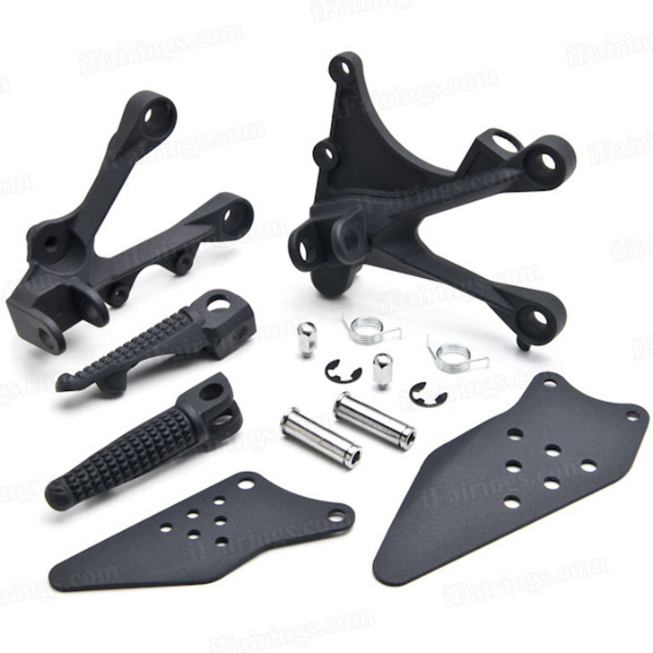 Aluminum alloy made replacement rider/front foot pegs and mount bracket kits for 2005-2008 Kawasaki ZX6R, this style footrest assembly are light weight than OEM stock footrest and race-inspired design provides excellent traction and feedback. CNC machined from high-impact aluminum for durability and precise fitment.