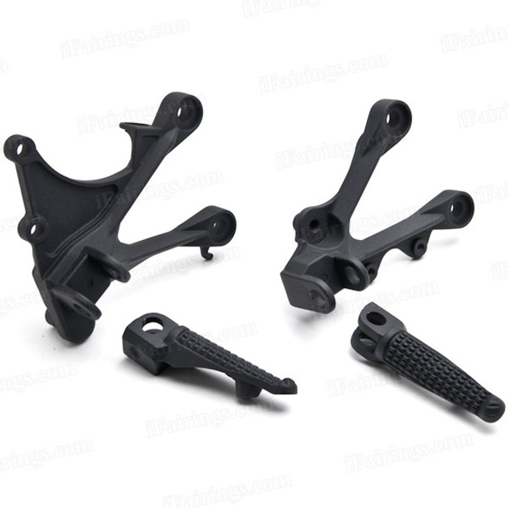 Aluminum alloy made replacement rider/front foot pegs and mount bracket kits for 2005-2008 Kawasaki ZX6R, this style footrest assembly are light weight than OEM stock footrest and race-inspired design provides excellent traction and feedback. CNC machined from high-impact aluminum for durability and precise fitment.